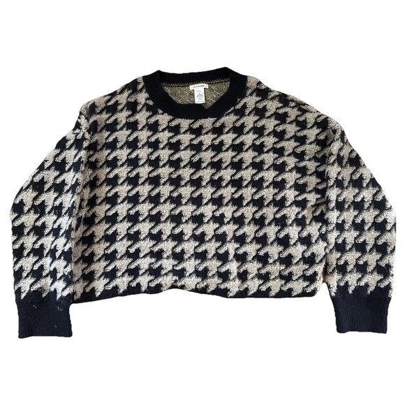 Max Studio Houndstooth Sweater Black Beige Cropped Pullover Knit Long Sleeve top - Picture 2 of 9